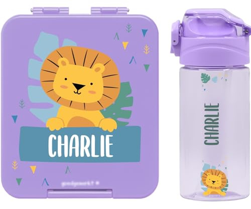 Stellasticker - Set con borraccia personalizzabile per bambini e porta pranzo/merenda personalizzato per bambini in plastica - Borraccia con cannuccia capacità 450 ml - Senza BPA (Lavanda)