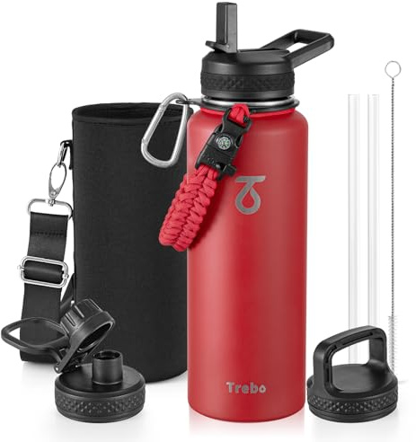Trebo Borraccia Termica, Borraccia con Cannuccia Borraccia acciaio inox fredda per 48 ore Borraccia Termica Bottiglia in Metallo con Manico in Paracord, 1183 ml, Rosso