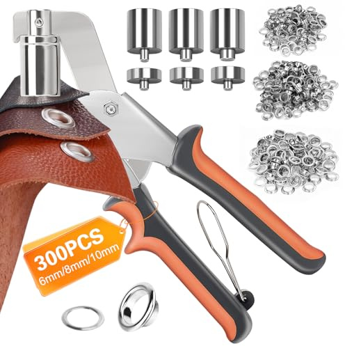 Ösenzange Set, mit 3 Austauschbare Osenzangekopf und 300 Rostfreien Ösen (Ø 6 8 10mm) I Magnetische Ösenpresseb, Ösenstanze Nietenpresse, Ösenlochmaschine, Ösen Werkzeug für Segeltuch, Planen, Gürte