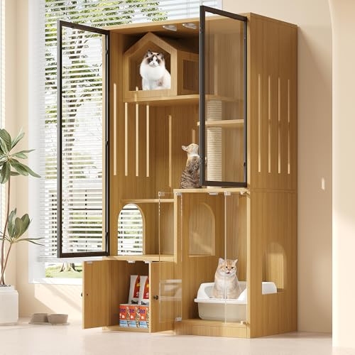 Casa per gatti extra grande in legno con tiragraffi, grande gabbia interna per gatti, villa per gatti con vetro temperato, recinto per gatti a quattro piani, casa per gatti resistente all'inverno, 90