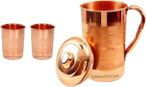 HRS India - Caraffa per acqua in rame puro, 2 litri, 2 bicchieri in vetro, 300 ml, benefici per la salute ayurvedica