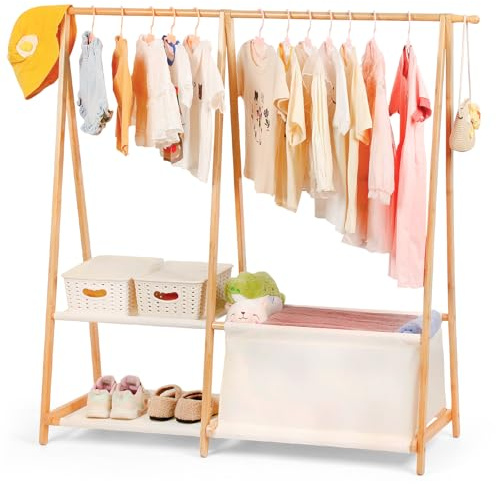 Relquorax Perchero de bambú con 2 estantes y bolsa de almacenamiento, perchero infantil pequeño, organizador de ropa, para disfraces y accesorios