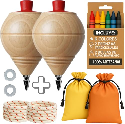 AF® - Holzkreisel, Set 2 Kreisel für Kinder + 6 Buntstifte | Personalisiere deinen traditionellen Holzkreisel mit Kugelschreiberspitze | Ideal als Geschenk zum Schulabschluss