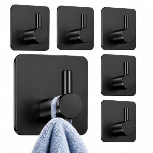 Mulbijeo Ganci Adesivi, 6 Pezzi, Accessori Bagno, Acciaio Inox Nero, Accessori Bagno Senza Forare, Extra Forte & Impermeabile E Antiruggine, Appendiabiti da Muro, Per Diversi Ambienti