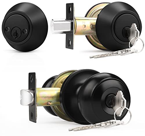 Probrico Keyed Alike Round Ball Entry Door Knob and Double Cylinder Deadbolt Set, Flat Black, 1Pack