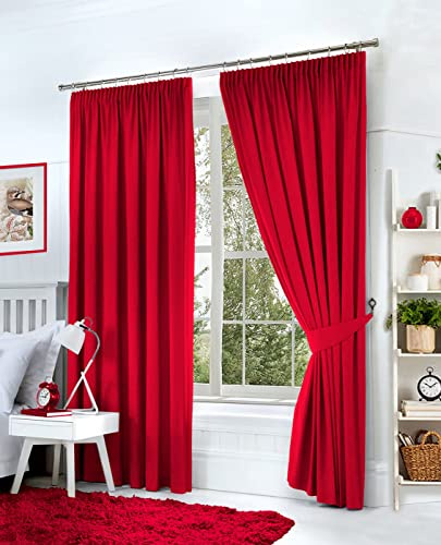 Hachette Thermal Blackout Curtains Pencil Pleat Tape Top Including Pair of Tiebacks (Red, 66 X 72)
