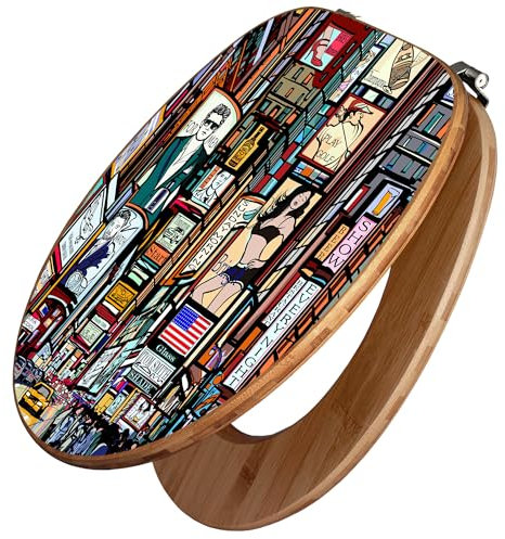 banjado Design WC Sitz Bambus 45x37,5cm - Toilettendeckel - Toilettensitz Bambus - hochwertiger Klodeckel - WC-Sitz Universal für alle gängigen Toiletten - Motiv New York Show