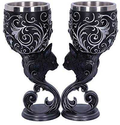 Nemesis Now Hex Twin Cat Heart Set mit Zwei Kelchen, Harz mit Edelstahl-Einsatz, Schwarz und Silber, 2 Stück (1 Stück)