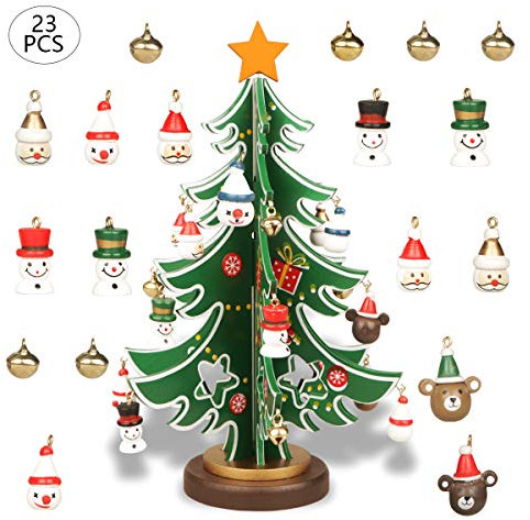 YIYA Mini albero di Natale da tavolo in legno Set di giocattoli natalizi con 18 mini ornamenti natalizi e 1 stella per decorazioni natalizie Decorazioni tavolo Regalo di Natale (Piccolo)