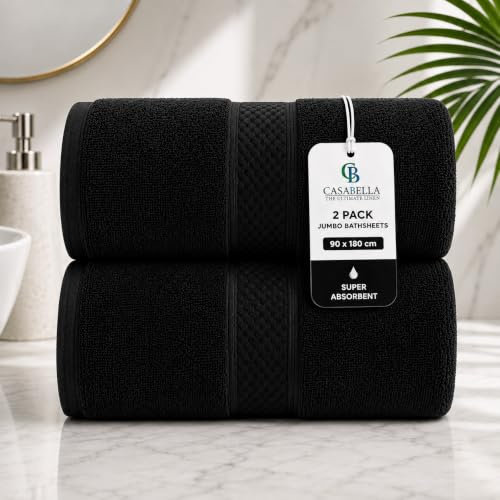 Casabella CB 2 Piece Jumbo Bath sheet 100% Combed Cotton Extra Large Bath Towel bale set super Absorbent Soft Black 2 Pack 90X180 CM Bath-sheets for bathroom