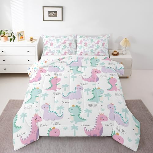 Erosebridal Dinosaur Comforter Set Pink Purple Dinos Bedding Sets for Kids Girls Lovely Cute Animals Comforter Kawaii Cartoon Quilt Duvet Child Room Decor 1 Pillow Case Twin