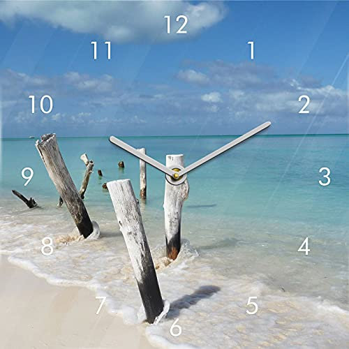 levandeo Wanduhr Glas 20x20cm Meer Strand Urlaub Uhr Glasbild Insel Wandbild Maritim Deko Wanddeko