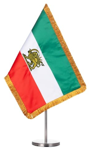 Homissor Iran Table Flag - Former Iranian Lion and Sun Desk Flags 20x30 cm Persia with Adjustable Stand Pole from 24 to 42 Cm - Satin Double Sided
