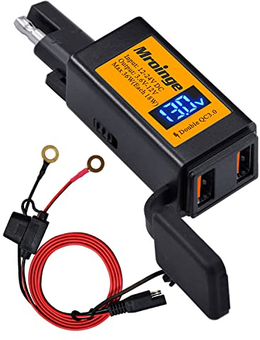 Mroinge Motorcycle USB Charger, 6.8A SAE to USB Adapter Dual Port QC3.0/2.0 Fast Charge, with Voltmeter/Ammeter & ON/Off Switch & 10A Fuse, Perfect for Your Phone or Smart Device Charging