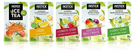 INSTICK Zuckerfreies Instant-Getränk (Bundle Eistee-Mix) verschiedene Eistee Sorten 5x12 Sticks - 1 Stick für 0,5-1 L - Veganes Getränkepulver Kalorienarm & Vitamin C - Instant-Pulver