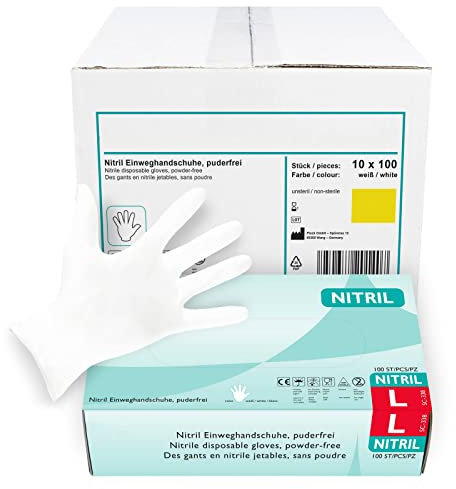Nitrilhandschuhe 1.000 Stück,weiß in L I Puderfreie Einmalhandschuhe I Geeignet für Lebensmittelbereich, Kosmetik & als medizinische Untersuchungshandschuhe I Robuste Einweghandschuhe