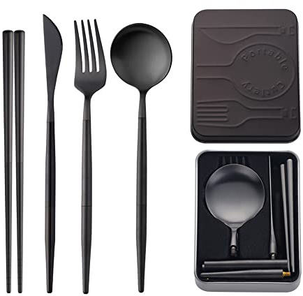 TUPMFG Portable Stainless Steel Cutlery Set with Case, 4 Pieces Reusable Travel Flatware with Chopsticks for Camping, Picnic, Office, Outdoor (Black)