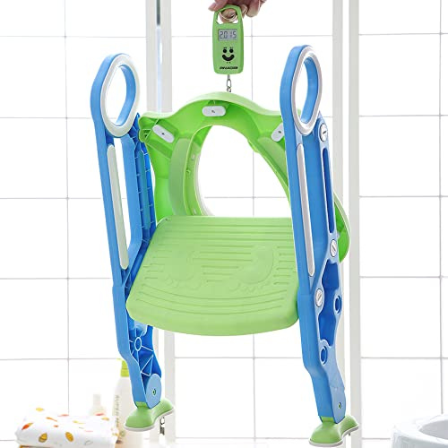 Toilettensitz mit Treppe für Kinder, verstellbar und faltbar, Toilettensitz mit Stufen, Toilettentrainer, Höhe 38-42 cm (blau + grün)