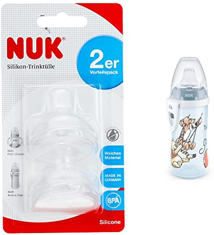 NUK First Choice Juego de 2 boquillas, 6 a 18 meses & Active Cup Vaso para aprender a beber,para niños de 12 meses o más,clip y tapa para viaje,300 ml, sin bisfenol A，1 Unidad(Paquete de 1)