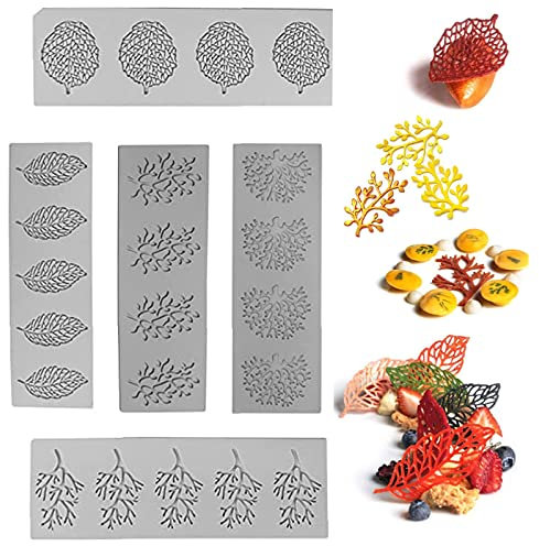 Les-Theresa 5pcs Leaves Shape Silicone Mould, Leaf Molds Hollow 3D Candle Lace Mold Cake Embossing Mat Flexible Fondant, Sugar Paste, Chocolate, Butter, Soap (Grey) (I1004)