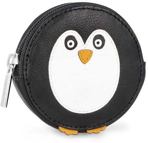 Lederow Pinguin Geldbörse Damen klein Leder mit Schlüsselring inkl. Geschenkbox - Mini Portmonee Münzbörse Frauen Kinder für Schlüssel und Münzen - Echtleder Kindergeldbörse Pinguin Schwarz