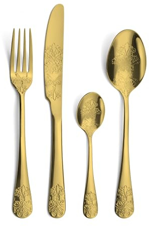 AMEFA Cérémonial Ménagère 16 couverts inox 18/0 Pour 4 personnes, Doré | Ménagère 24 couverts, Acier inoxydable premium, Design traditionnel et oriental, Doré, Réceptions festives
