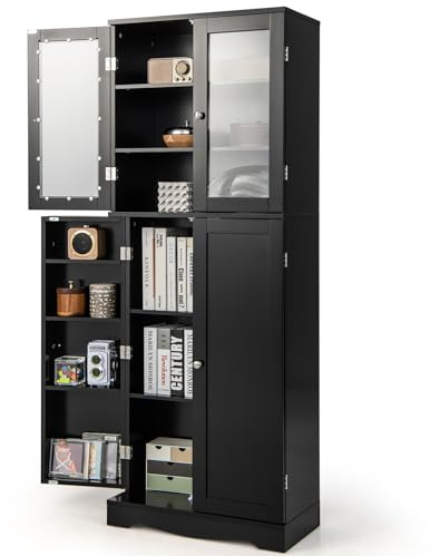 GIANTEX Hoher Küchenschrank, freistehendes Sideboard mit zwei Türen aus gehärtetem Glas, Aufbewahrung für Esszimmer, Wohnzimmer, 60 x 31,5 x 161,5 cm, Schwarz