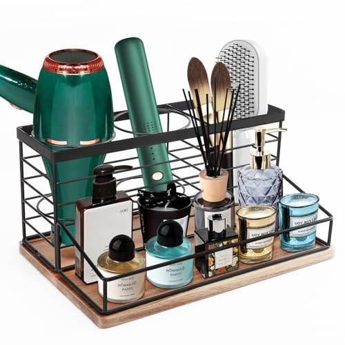 Siyzda Hair Tool Organizer, Movable Hair Dryer Holder, Hair Styling Tools Storage for Vanity, Bath Counter Organizer, Bathroom Trays for Hair Toiletry, Makeup (12 x 7.7 x 5.8, Wood-Black)