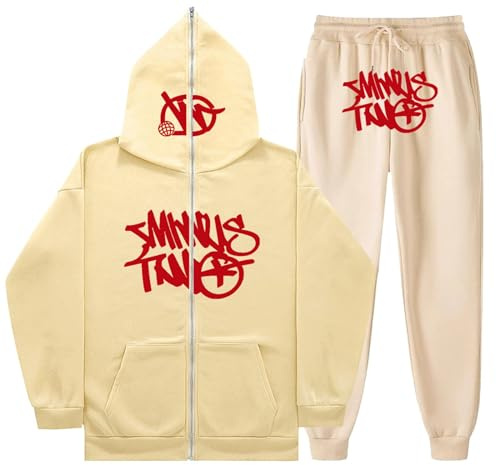 Gefomuofe Minus Two Tuta da uomo, Y2K, tuta da jogging, 2 pezzi, invernale, leggera, tuta sportiva da jogging, unisex, con cappuccio e pantaloni Y2K, con chiusura lampo, abbigliamento sportivo, Kaki