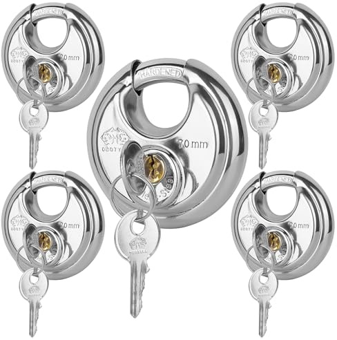 DuoTyga Diskus-Vorhängeschloss, gleichschließend, 6,4 cm breit, robustes Edelstahl-Scheibenschloss mit Schlüssel für Aufbewahrungseinheit, Garagen, Zäune und Schuppen, 5 Stück