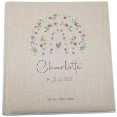 Tenii® Fotoalbum personalisiert Baby, Kind Blumenbogen Leinen, Erinnerungsalbum (30x31cm - 60 Seiten)