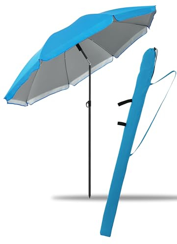 Menz Sonnenschirm Balkon + Sonnenschirmhülle SET - UV50+ Strandschirm 180 cm SunnyJoy, Balkonschirm mit Knickfunktion - Gartenschirm, Sonnenschirm Strand, Blau