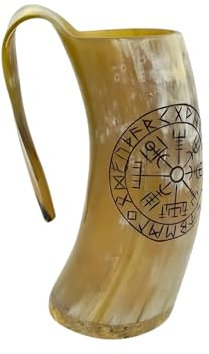 Viking By Heart Vero corno di bue alto 15-17 cm, boccale in corno vichingo con base in legno, bussola vichinga incisa con rune, capacità di oltre 13 OZ, boccale in corno realizzato a mano, regali unic