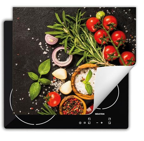 DarHaus Herdabdeckplatte Einteilig Küche Herdabdeckung Ceranfeld Herdabdeckplatten Anti Rutsch Matte Aufrollbar 60x52 cm, Gewürze - Tomate