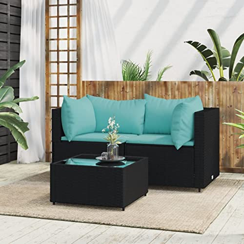 SECOLI Gartensofa Rattan Balkonmöbel Kleiner Balkon Garten Lounge Gartenmöbel Set Rattan Balkonsofa Loungemöbel Terrasse Terrassenmöbel-Schwarz und blau-3-tlg