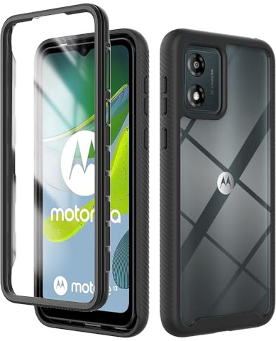 PEIYE Funda para Motorola Moto E13, Protección 360°, Protector de Pantalla, Carcasa con Bumper de Silicona Suave y Trasera Transparente de PC, Antigolpes, Armor -Negro