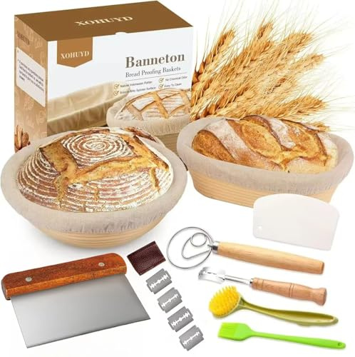 Sourdough Bread Baking Supplies, XOHUYD Bread Proofing Baskets, 9 Inch Round & 10 Oval Bannetons with Lame, Sourdough Starter Kit for sourdough bread, Danish Whisk, Dough Scrapers, and Linen Liners