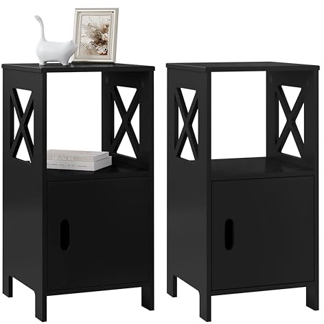 WOLTU Nachttisch, 2er-Set, Nachtschrank mit 1 offenem Fach und 1 Fach mit Tür, modernes Nachtkästchen, als Beistelltisch Sofatisch, für Schlafzimmer Wohnzimmer, Schwarz, 30x60x30 cm | Couchtisch, Nachttisch, klein, mit 1 offenem Fach und 1 verstecktem Fach, für Kinderzimmer, Wohnzimmer, MDF