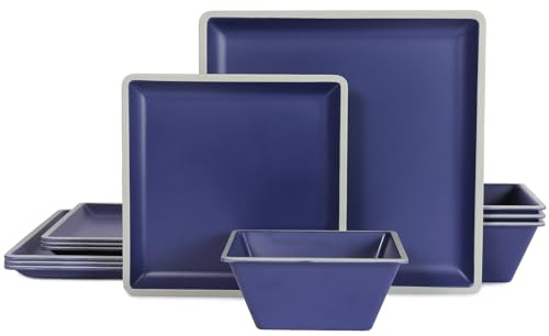 Square Melamine Dinnerware Sets， Durable Square Dinner Plates and Bowls Set,12-Piece Set Non-breakable Lightweight Dinner Tableware Sets, Service for 4