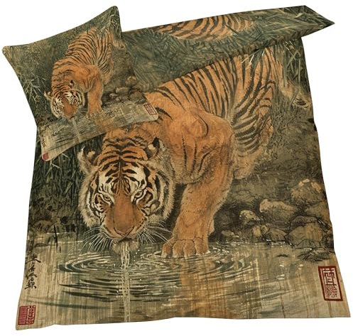 YELDAN Bettwäsche Tiger 140x200 - Bettbezug Tiere Retro, Bettwäsche-Sets 2 teilig, Weich & Atmungsaktiv Mikrofaser Wendebettwäsche und 1 Kissenbezug 80x80 mit Umschlag