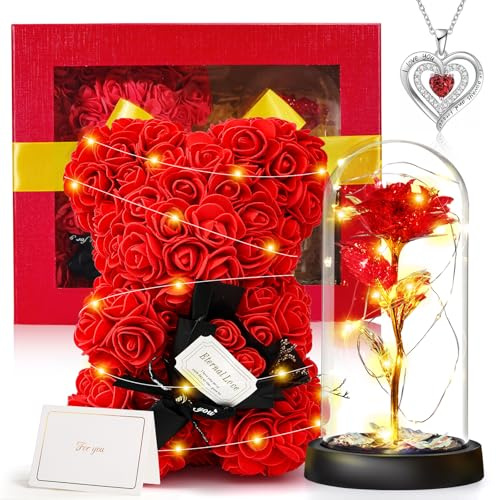 Rose Cadeau Femme pour la Saint-Valentin, Présent Anniversaire pour Elle - Ours en Rose, Rose Éternelle et Collier, Idée Fleur Cadeaux pour Maman, Petite Amie et Toutes les Dames à la Fête des Mères