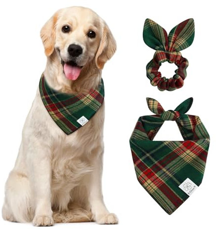 E-Clover Hundehalstuch, kariert, passendes Haargummi, Halstuch für mittelgroße und große Hunde, Jungen, Mädchen, Grün/Rot