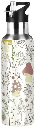 Yopersonalizes Bouteille d'eau isotherme avec paille - 1 l - Motif champignon et fleur - Bouteille d'eau de sport étanche en métal chaud et froid pour voyage, salle de sport