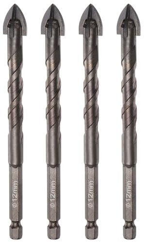 sourcing map Steinbohrer, titanbeschichtet, 12 mm, Betonbohrer, Keramikfliesenbohrer mit 6,35 mm Sechskantschaft für Keramik, Fliesen, Marmor, Spiegel, Glas, Beton, Ziegel, Kunststoff, Holz, 4 Stück