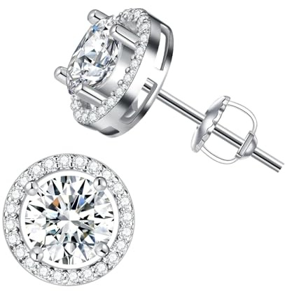 Winzige Ohrstecker aus 925er Sterlingsilber mit Weißgoldbeschichtung und Zirkonia für Damen und Herren – hypoallergene Ohrstecker mit rundem 1-Karat-Zirkonia-Edelstein für den Monatstag