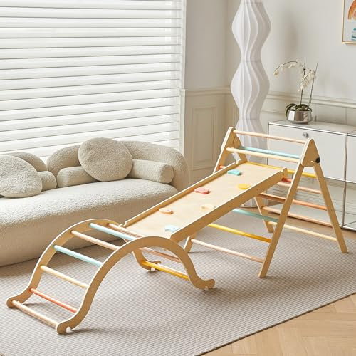 Giant bean 5-in-1 Montessori Kletterdreieck mit Kletterbogen und Rutsche, Holzdreieck für Kleinkinder ab 3+, Indoor Kletterspielzeug, Bunt, (L-Color)