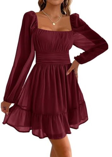 Imily Bela Damen Kleider Square Neck Partykleid Mesh Minikleid High Waist Falten Langarmkleid Hochzeitsgast mit Rüschen(Weinrot, S)