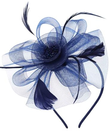 IYOU Fascinators Fiore per Matrimoni Blu Navy Piuma Tulle Copricapo Cocktail Tè Party Accessori Capelli per Donne