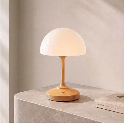 Dawnwake Pilzlampe LED Tischlampe Kabellos, 5000mAh Touch Dimmbare Akku Tischlampe für Schlafzimmer, Outdoor Wasserdicht Kleine Lampe für Wohnzimmer, Camping, 3-Stufiger Dimmung, Holzfarbe