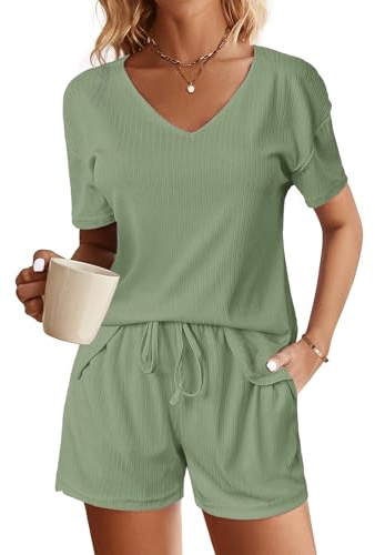 NLAND Tuta Corta Ampia da Donna 2 Pezzi Tute da Tempo Estiva Casa T-Shirt Manica Corta e Pantaloncini Tuta Sportiva Moda Scollo a V Sports Suit,Verde M